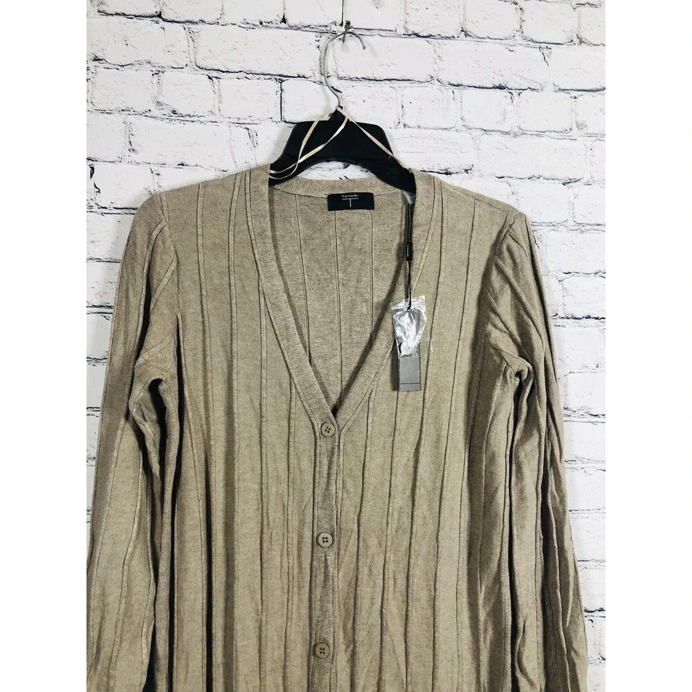 Tahari Women Ribbed Knit Cardigan Sweater V-Neck Button Front Tan Beige Size S